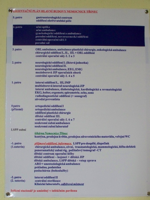 Nemocnice Třinec, p.o.Informační tabuleNa všech chodbách jsou umístěny informační cedule s rozmístěním jednotlivých pracovišť.
