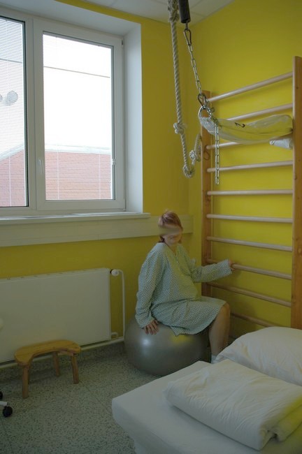 Středomoravská nemocniční a.s., odštěpný závod Nemocnice PřerovŽlutý porodní boxK úlevě bolestí slouží balony, žíněnky, žebřiny a závěs.